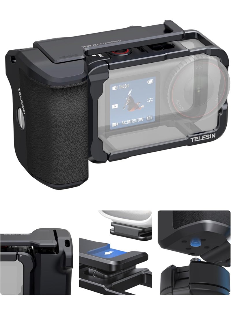 تيليسن طقم مقبض الشارع المعدني المصنوع من سبائك الألومنيوم من TELESIN لطائرة DJI Action 6، مزود بحامل مقبض كاميرا بقفص معدني وزر غالق متأرجح، وغطاء من سبائك الألومنيوم، وفتحة لبطاقة ذاكرة TF احتياطية، وإمكانية الوصول السريع إلى البطارية. - Image 1